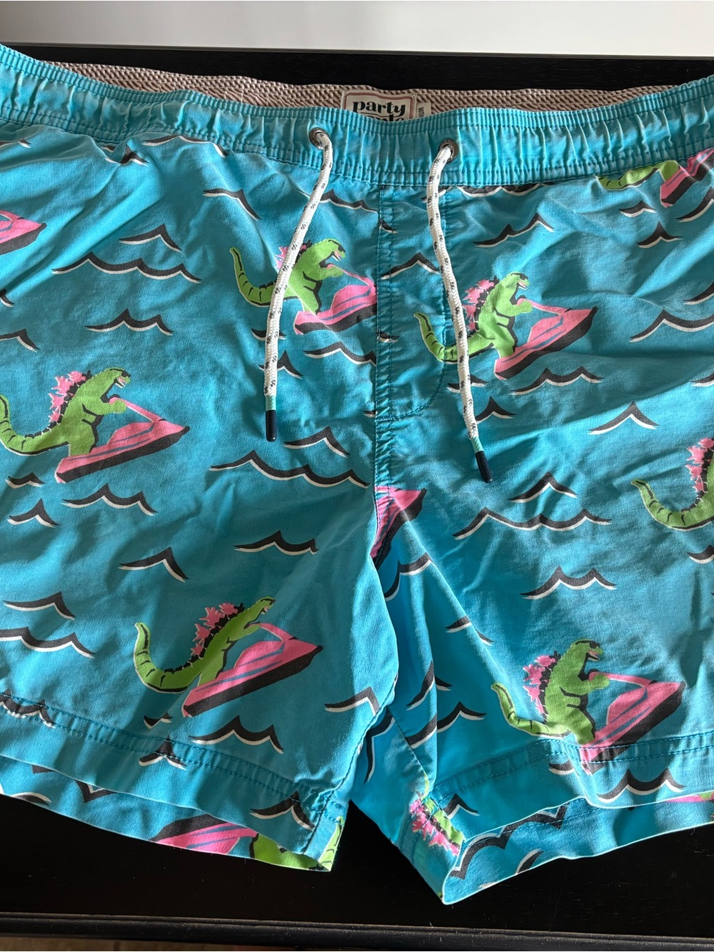 Party Pants Dino Ripper Swim Trunks Men’s Medium Blue Dinosaur Jet Ski